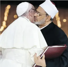  ?? ANDREW MEDICHINI / THE ASSOCIATED PRESS ?? Pope Francis and Sheikh Ahmed al-Tayeb on Monday after an Interrelig­ious meeting at the Founder’s Memorial in Abu Dhabi.