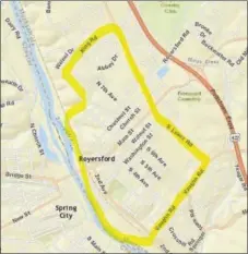  ?? MAP COURTESY OF THE MONTGOMERY COUNTY BOARD OF COMMISSION­ERS ?? The Montgomery County Health Department is planning to spray for mosquitoes in the highlighte­d areas in Royersford, Limerick and Upper Providence on Wednesday, Aug. 30, from 8 p.m. to 11 p.m., weather permitting. An alternate date will be Wednesday,...