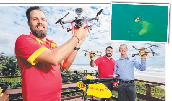  ?? Picture: TIM MARSDEN ?? SLSA manager for drone operations Jason Argent (left) and the lifesaving group’s manager for coastal safety Shane Daw (right), with drones developed by The Little Ripper Group, under chief executive Ben Trollope (middle), and (inset) one of the drones drops dye into the ocean.
