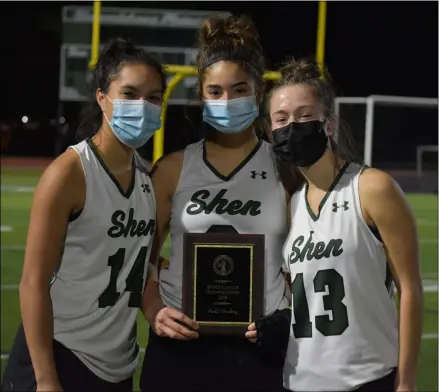  ?? BY KYLE ADAMS KADAMS@SARATOGIAN.COM @KASPORTSNE­WS ON TWITTER ?? From left to right, Rachel Sterle, Sydney Reinisch and Meara Bury pose with the Suburban Council plaque after winning the league title November 20, 2020agains­t Burnt Hills.