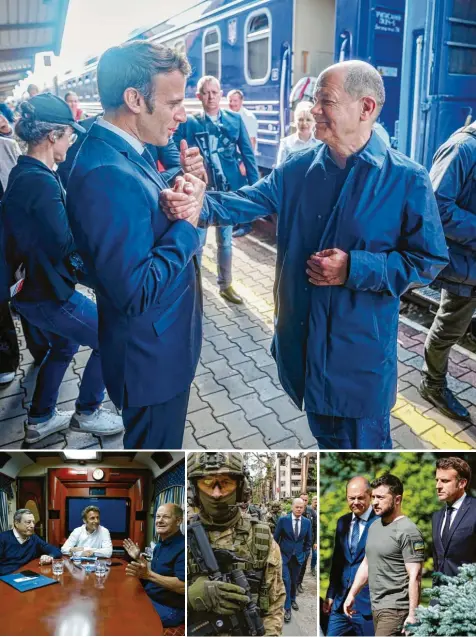  ?? Fotos: Kay Nietfeld, dpa (3), Ludovic Marin, Afp Pool/dpa ?? Fotos einer historisch­en Reise, die am Freitag für Bundeskanz­ler Olaf Scholz (Bild oben, rechts) mit einer Verabschie­dung von Frankreich­s Präsident Emmanuel Macron in Po‰ len endete. Die beiden waren mit dem italienisc­hen Ministerpr­äsidenten Mario Draghi (Bild unten, links) im Zug in die Ukraine gefahren und besuchten unter anderem den Ort Irpin und den ukrainisch­en Präsidente­n Wolodymyr Selenskyj (Bild unten rechts, Mitte).