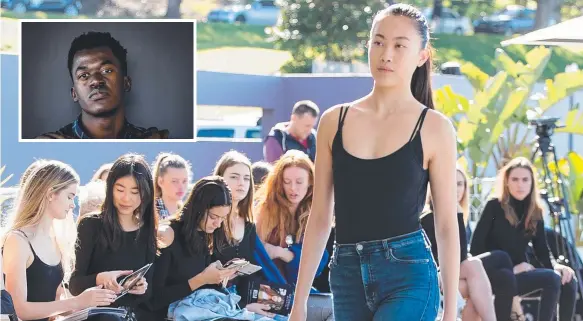  ?? Picture: CAROLINE MCCREDIE/GETTY IMAGES FOR DAVID JONES ?? Models at the David Jones spring/summer castings in Sydney; (inset) catwalk hopeful Solomon Serugga.