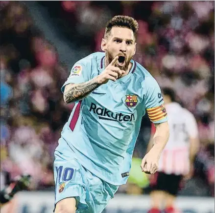  ?? JAVIER ZORRILLA / EFE ?? El delantero argentino Lionel Messi celebra con efusividad el 0-1, anoche en Bilbao