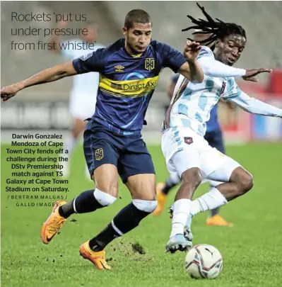  ?? / BERTRAM MALGAS / GALLO IMAGES ?? Darwin Gonzalez Mendoza of Cape Town City fends off a challenge during the DStv Premiershi­p match against TS Galaxy at Cape Town Stadium on Saturday.