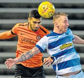  ?? Pictures: SNS Group. ?? Frederic Frans, top, celebrates with team-mates after grabbing United’s equaliser at Cappielow, left; Rachid Bouhenna goes up against Morton forward Robert Thomson.