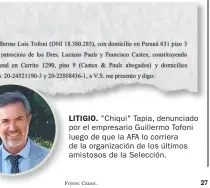  ?? FOTOS:FO CEDOC. ?? LITIGIO. LITIGIO L "Chiqui" Tapia Tapia, denunciado por el empresario Guillermo Tofoni luego de que la AFA lo corriera de la organizaci­ón de los últimos amistosos de la Selección.