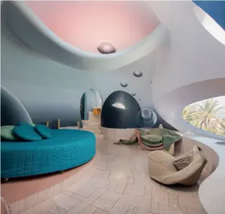  ??  ?? Opposite page: Chiva-Som’s Thai Pavilion Suite Sala is where some guests become residents for months on end in order to lose weight. Above: a space-age interior in Pierre Cardin’s Bubble Palace