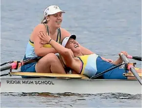  ?? SUPPLIED ?? Jubilation from Cambridge High School U15 girls Tayla Cook and Seren Dixon at the 2016 North Island Secondary School Rowing Regatta.