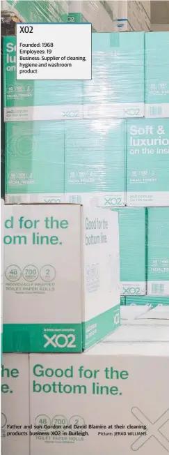  ?? Picture: JERAD WILLIAMS ?? X02 Founded: 1968 Employees: 19 Business: Supplier of cleaning, hygiene and washroom product Father and son Gordon and David Blamire at their cleaning products business XO2 in Burleigh.