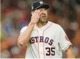  ?? DAVID J. PHILLIP/AP ?? The Astros’ Justin Verlander lost a 5-0 lead in Game 1, as his World Series ERA jumped to 6.07, the highest of any pitcher to throw at least 30 innings in the World Series. Game 2 was not over in time for this edition.