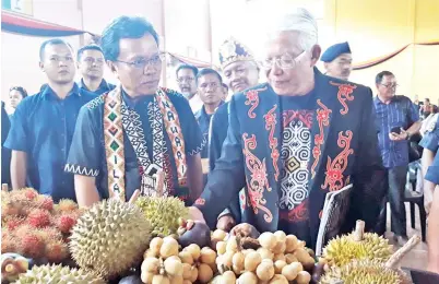  ??  ?? SHAFIE (kiri) bersama Penaung Program Ilau Panawari yang juga Pengerusi Sedco Datuk Dr. Richard Sakian Gunting (kanan) melawat pameran produk buah-buahan tempatan selepas merasmikan Sambutan Ilau Panawari.