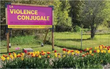  ??  ?? Une pancarte a été installée à l’entrée de la Ville de Lachute près de l’autoroute 50 afin d’éveiller les citoyens à ouvrir les yeux et dénoncer la violence conjugale, le contexte social étant favorable à celle-ci.
-photo Mylène Deschamps