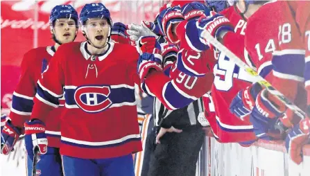  ?? USA TODAY SPORTS ?? Montreal Canadiens forward Artturi Lehkonen (62) reacts with teammates after scoring the tying goal against the Edmonton Oilers late in the third period at the Bell Centre in Montreal on Monday.