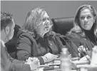  ?? DEB CRAM/SEACOASTON­LINE ?? Portsmouth City Attorney Susan Morrell, center, reports about a meeting city leaders had hours earlier with the General Services Administra­tion regarding the McIntyre federal building. Morrell speaks during a special City Council meeting on March 31, 2023, with Councilor Andrew Bagley to her right and City Manager Karen Conard to her left.