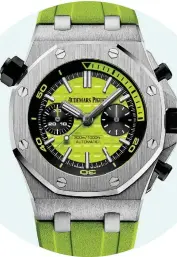  ??  ?? This Royal Oak Offshore 'iver Chronograp­h by Audemars Piguet ($27,900) is available in four sunny shades, making it a vibrant companion on land and sea. But when it comes to engineerin­g, this playful watch is all business. The self-winding chronograp­h...