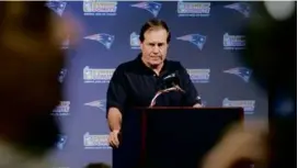  ?? FILE/BILL GREENE/ GLOBE STAFF ?? In 2007, Bill Belichick spent numerous appearance­s at the podium deflecting questions about the original Spygate.