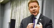  ?? MICHAEL D. PITMAN/STAFF ?? U.S. Rep. Warren Davidson, R-Troy, speaks at a debate. He defeated Democrat Vanessa Enoch of West Chester Twp. in Tuesday’s race. Davidson thanked Enoch for running a “strong” campaign. “I hope she stays engaged” in politics, he said.