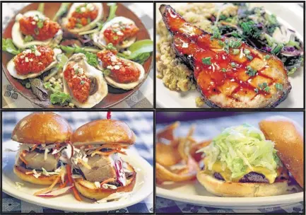  ?? PHOTOS BY NIKKI BOERTMAN/THE COMMERCIAL APPEAL ?? Offers at the Belmont Grill Germantown include (clockwise from top left): Hot and sweet oysters, fried crisp and served with a spicy sauce, topped with blue cheese: smoked prime pork chops are cut off the rack to order, served with an apricot barbecue...
