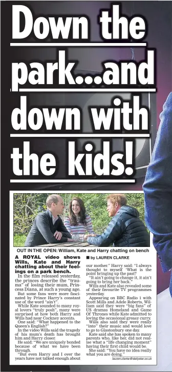  ??  ?? OUT IN THE OPEN: William, Kate and Harry chatting on bench