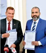  ??  ?? Signing of MOU between Messe München, represente­d by Bhupinder Singh, CEO of MMI (right) and the Chief Delegate of Delegation of German Industry and Commerce in Sri Lanka, Andreas Hergenröth­er (left)