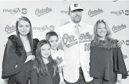  ?? AMY DAVIS/BALTIMORE SUN ?? Orioles manager Brandon Hyde, his wife, Lisa, right, and his children, from left, Aria, Addison and Colton, are introduced at Camden Yards. Hyde left the Cubs, where he was the bench manager, for his first job as a major league manager.