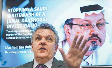  ?? Picture: TIMOTHY A. CLARY ?? Robert Mahoney from the Committee to Protect Journalist­s speaks about the disappeara­nce of Jamal Khashoggi.