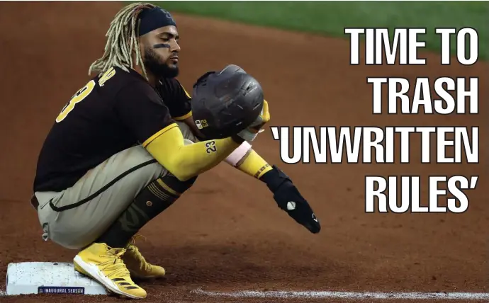  ?? Getty IMages ?? ON FIRE: San Diego Padres star Fernando Tatis Jr. is catching flak after ignoring his manager’s sign to take a 3-0 pitch in a 7-0 game against the Texas Rangers on Monday. Tatis Jr., who is leading the league with 11 home runs, hit the pitch for a grand slam instead. The Rangers then sailed a fastball over the head of the next Padres batter.