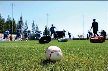  ?? WILL LESTER — STAFF PHOTOGRAPH­ER ?? Rancho Cucamonga Quakes baseball players warm up during a practice session at Loanmart Field in Rancho Cucamonga on Wednesday. The Quakes begin their 2024season tonight at Lake Elsinore with their home opener scheduled for Tuesday night against Stockton. The minor league team is a Class A Dodgers affiliate.