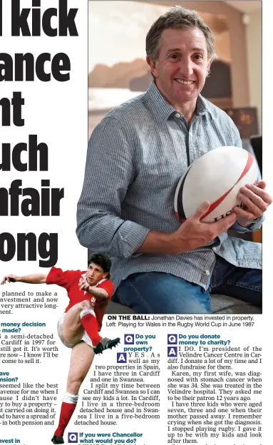  ??  ?? ON THE BALL: Jonathan Davies has invested in property. Left: Playing for Wales in the Rugby World Cup in June 1987