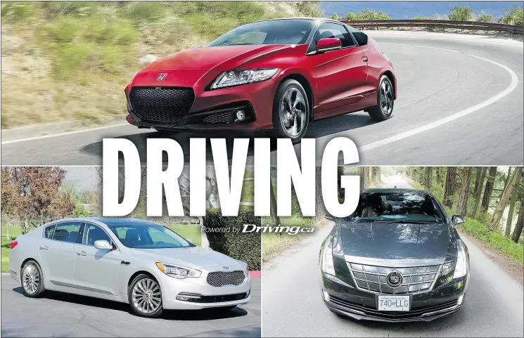  ?? — POSTMEDIA NEWS ?? Clockwise from top: The Honda CR-Z, the Cadillac ELR and the Kia K900 each cracked the Top 4 for the fewest vehicles sold last year in Canada.