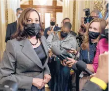  ?? ANDREW HARNIK/AP ?? Vice President Kamala Harris meet the media after a voting rights bill put forth by Democrats again failed to pass in the Senate on Wednesday in Washington.