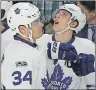  ?? THE CANADIAN PRESS ?? Toronto Maple Leafs forward Auston Matthews (34) celebrates his goal during the first period of an NHL hockey game against the Buffalo Sabres on Monday in Buffalo, N.Y.