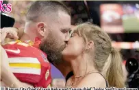  ?? AP PHOTO ?? Kansas City Chiefs’ Travis Kelce and ‘fan-in-chief ’ Taylor Swift’s post-game smooch completes an epic week for both celebrated figures.