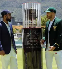  ??  ?? Virat Kohli, left, and India will play Faf du Plessis’ South Africa for the Freedom Series trophy over a three-Test series