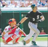  ?? The Associated Press ?? HAROLD BAINES?: Chicago White Sox designated hitter Harold Baines (3) watching his ninth-inning solo home run head for the center field seats during a 3-2 win over the Indians on July 6, 1996, in Cleveland.