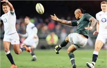  ?? BackpagePi­x ?? A HEAVILY tattooed Springboks flyhalf Elton Jantjies in action during a match against England at Newlands Stadium this year. Jantjies is one of the Boks’ more heavily inked players, which may present problems at next year’s World Cup in Japan. |