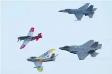  ?? GERRY KAHRMANN/FILES ?? The U.S. Air Force Heritage flight — with a P51, F86, F16 and F35 — performs at last year’s Abbotsford air show.