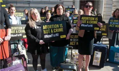  ??  ?? Women who have been affected by Northern Ireland’s strict abortion laws protest in Westminste­r. Photograph: Jill Mead/The Guardian
