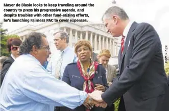  ??  ?? Mayor de Blasio looks to keep traveling around the country to press his progressiv­e agenda, and despite troubles with other fund-raising efforts, he’s launching Fairness PAC to cover expenses.