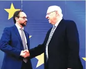  ?? (Mark Neyman/GPO) ?? PRESIDENT REUVEN RIVLIN with Emanuele Giaufret, head of the European Union Delegation to Israel, at the 2019 Europe Day reception in Tel Aviv.