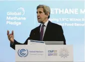  ?? NARIMAN EL-MOFTY/AP ?? John Kerry speaks Thursday during the U.N. climate summit in Sharm el-Sheikh, Egypt. A spokeswoma­n said Kerry tested positive for COVID-19 on Friday.
