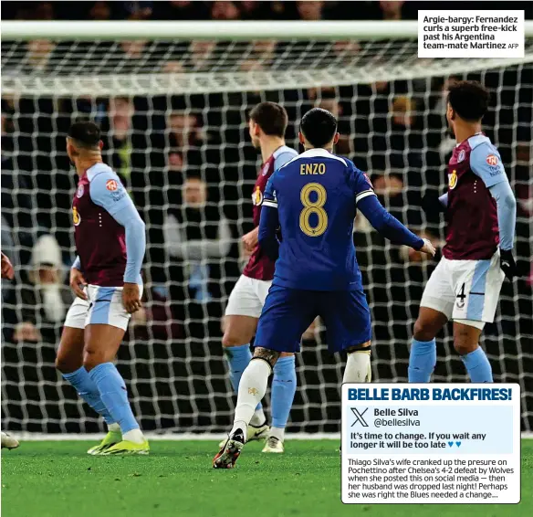  ?? AFP ?? Argie-bargy: Fernandez curls a superb free-kick past his Argentina team-mate Martinez