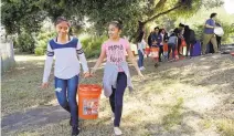  ?? JIM GENSHEIMER/STAFF ?? Jeselle Joves, 14, at left, and Ashley Villeda, 14, work together Friday during a “Water Walk” at Independen­ce High School in San Jose.