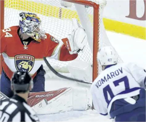  ?? ALAN DIAZ/THE ASSOCIATED PRESS ?? Toronto Maple Leafs center Leo Komarov scores against Florida Panthers goalie James Reimer in the first period of an NHL hockey game Tuesday, in Sunrise, Fla.