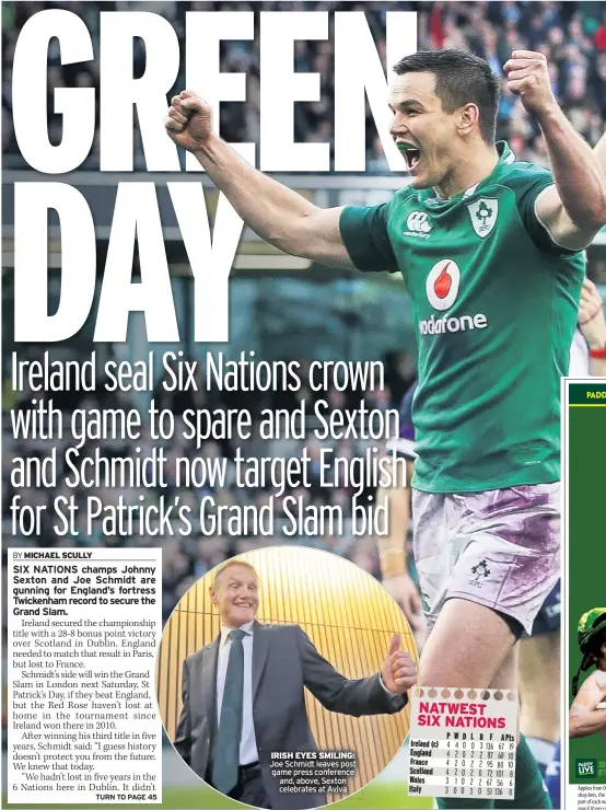  ??  ?? IRISH EYES SMILING: Joe Schmidt leaves post game press conference and, above, Sexton celebrates at Aviva