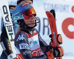  ?? ALESSANDRO TROVATI/AP ?? Mikaela Shiffrin reacts after winning Saturday's women's World Cup slalom in Are, Sweden.