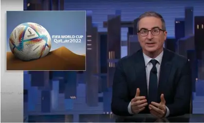  ?? Photograph: YouTube ?? John Oliver on the World Cup in Qatar: ‘All the new stadiums and infrastruc­ture were built through modern-day slavery. So we should probably introduce a new collective noun to refer to this group of stadiums – a gaggle of geese, a pod of whales, an atrocity of stadiums.’