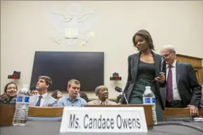  ?? Zach Gibson/Getty Images ?? Candace Owens arrives before testifying during a House Judiciary Committee hearing discussing hate crimes and the rise of white nationalis­m on Capitol Hill on April 9, 2019 in Washington, D.C.