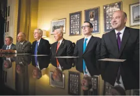  ?? Tom Brenner / New York Times ?? Republican Sens. Johnny Isakson of Georgia (left), Charles Grassley of Iowa, Mitch McConnell of Kentucky, and Orrin Hatch of Utah, plus Treasury Secretary Steven Mnuchin and chief White House economic adviser Gary Cohn, meet on tax reform.