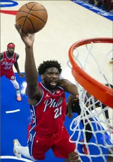  ?? Chris Szagola/Associated Press ?? The 76ers’ Joel Embiid goes up for the dunk against the Hawks during the first half Friday in Philadelph­ia.